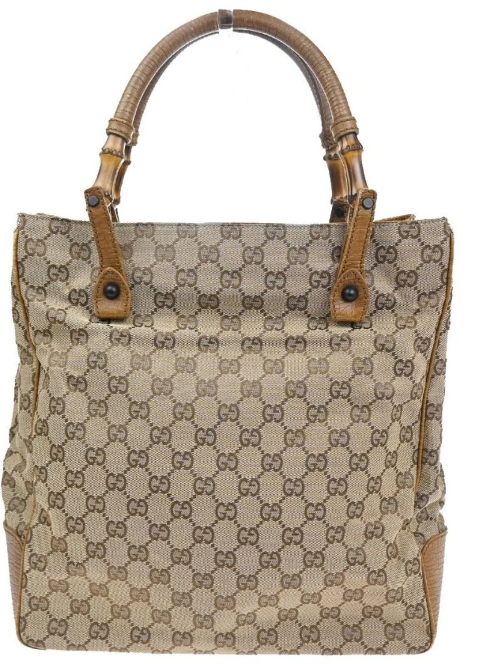 GUCCI Logo GG Pattern Hand Tote Bag Bamboo Canvas Leather Beige Italy 64KC879